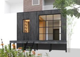 Architectural visualization of IJarchitecture's house extension with Shou Sugi Ban facade and modern window design in Amsterdam.