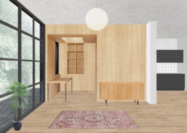 Interior visualization of IJarchitecture's house extension in Amsterdam, featuring wood finishes and large glass windows.