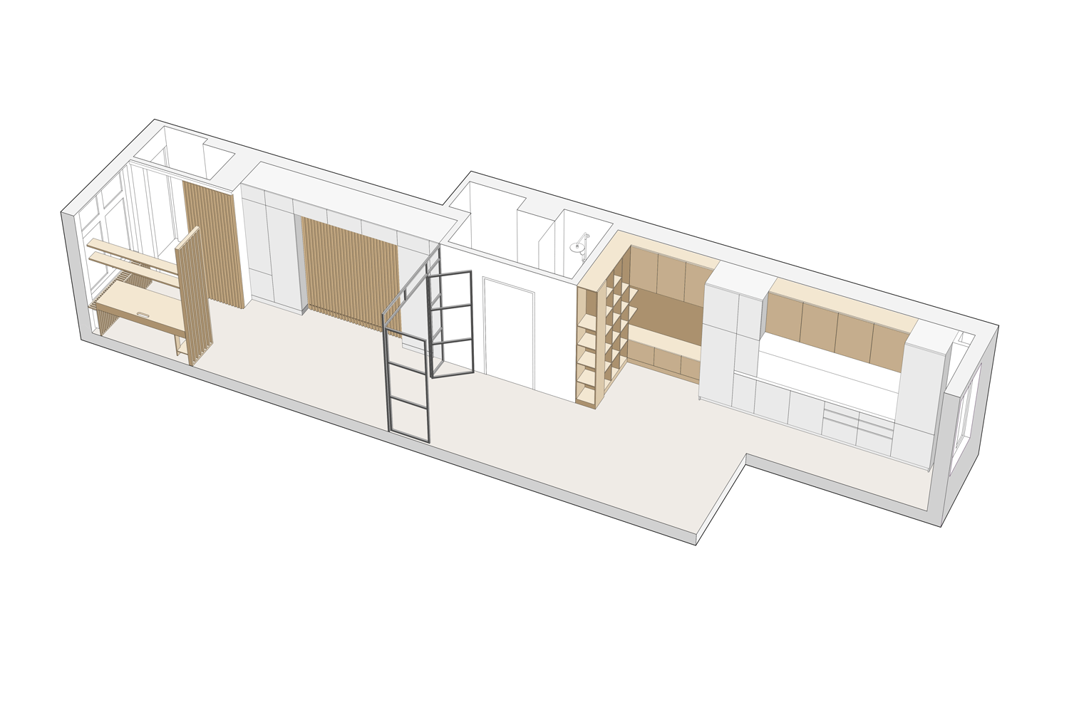 Animated GIF of a flexible inteior design in Westerpark apartment, Amsterdam, showcasing a murphy bed and movable elements designed by IJarchitecture. 
