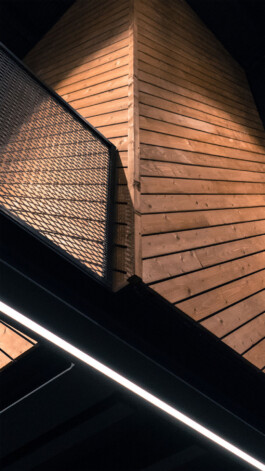 Wooden cladding in TrainMore Hoog Catharijne in Utrecht. Designed by JPS architecten & Ivo Jelinek, IJarchitecture. 