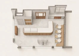 3D floorplan scheme of Saint-Jean Deli in Amsterdam by IJarchitecture, showing the counter, seating area, bread niche and interior layout.