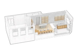 3D interior scheme of Saint-Jean Bakery in Amsterdam by IJarchitecture, showing the counter, seating area, shelving and split-level layout. 